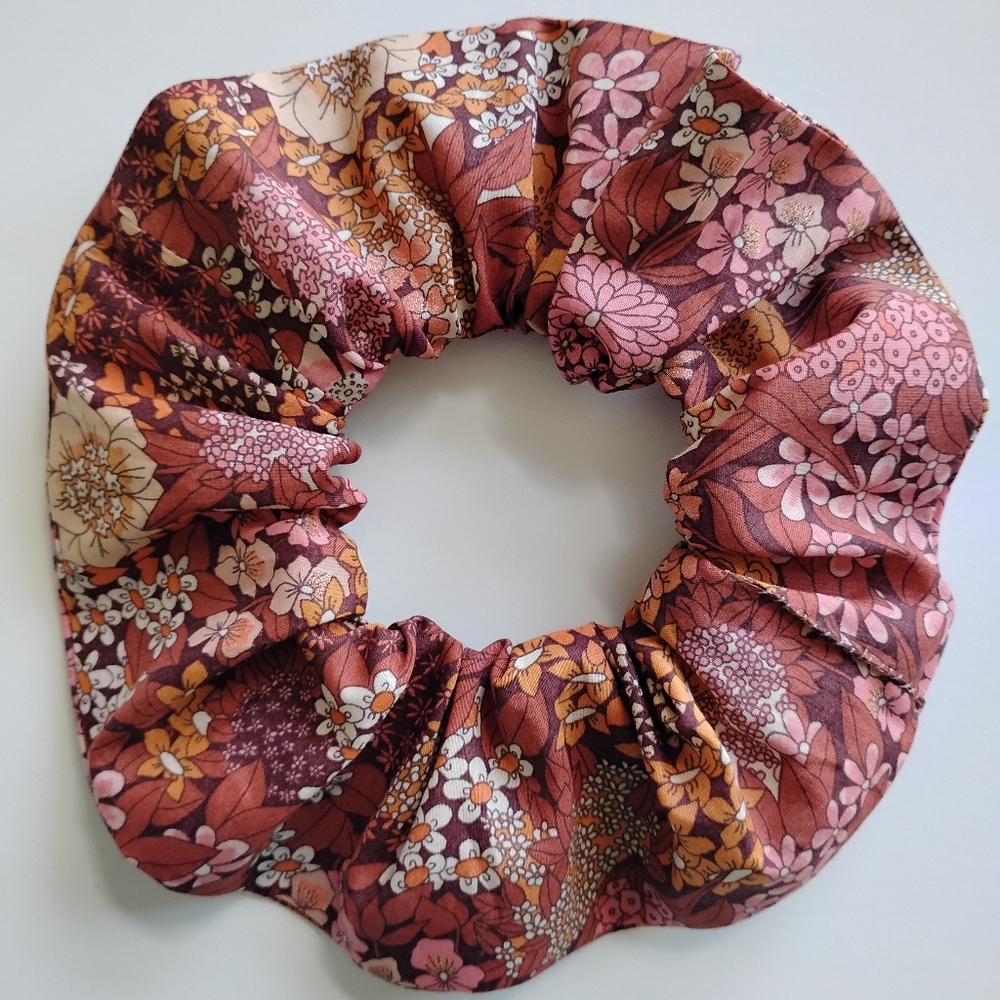 Liberty Art Fabric Scrunchie Ciara Metallic Gold Tan Brown Cottagecore Bespoke